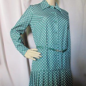 SALE Vintage Dress Drop Waist 1970 Era Polka Dot Pine Green White Barnsville